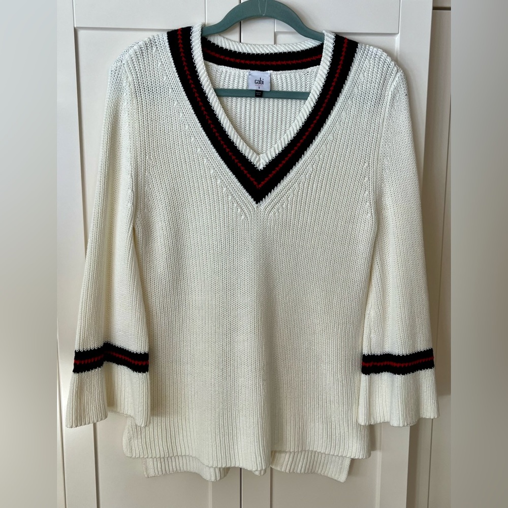 CAbi Ace Varsity White V Neck Sweater ~ small